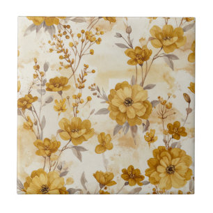 Honey Amber Flowers and Delicate Cream Botanicals Ceramic Tile