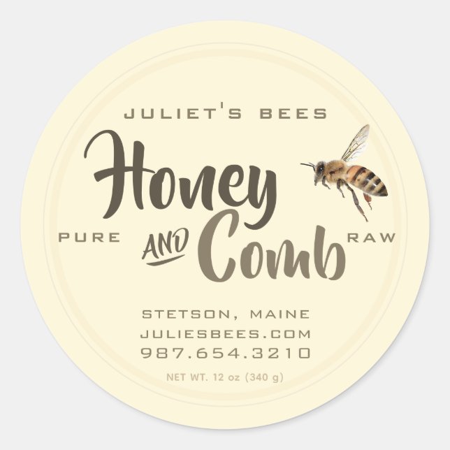 Honey and Comb Label Flying Bee on Ivory (Front)
