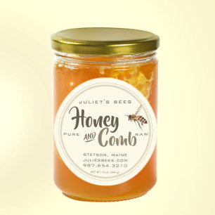 Honey and Comb Label Flying Bee on Pale Ivory 