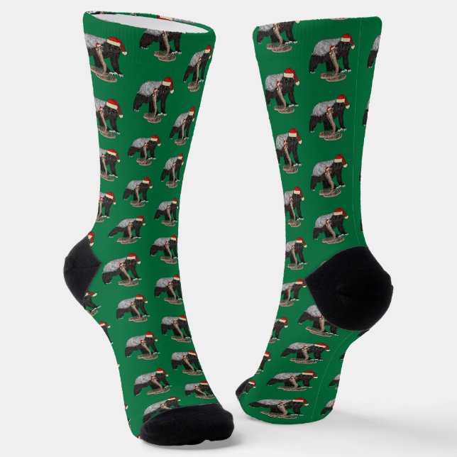 Honey Badger Cobra Snake Badass Christmas Green Socks (Angled)