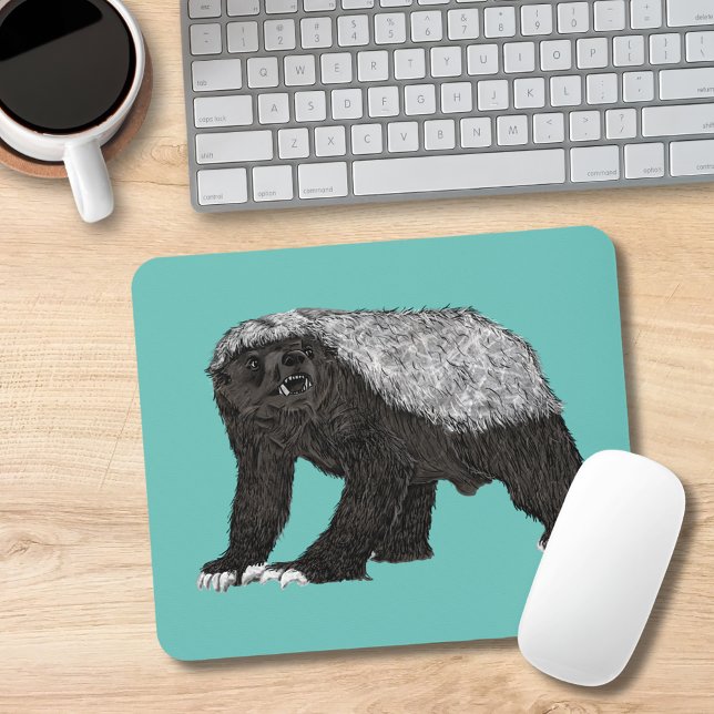 Honey Badger Fearless Nasty Wild Animal Art Mouse Pad (Honey badger illustration badass wild animal teal mouse mat)