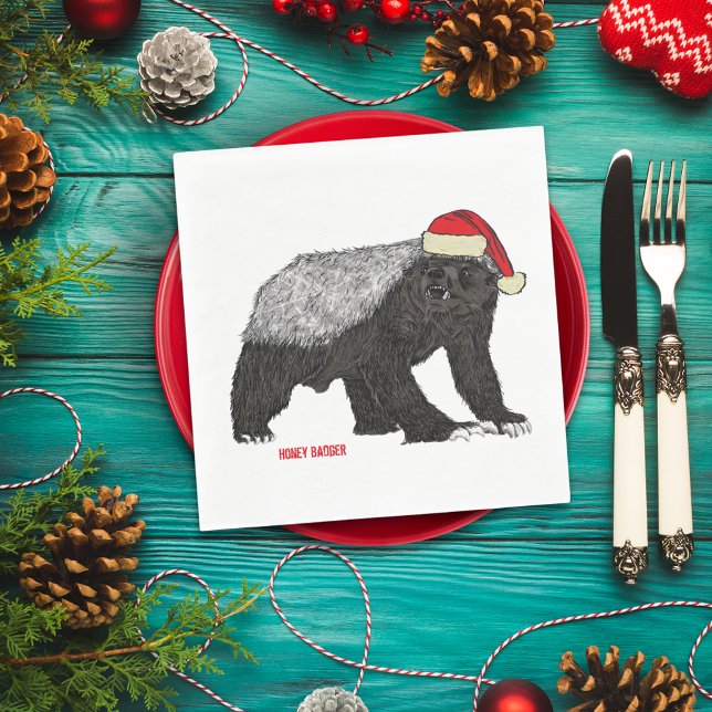 Honey Badger Funny Badass Festive Santa Humor  Napkin (Christmas honey badger wearing a Santa hat wild animal art holiday party napkin)