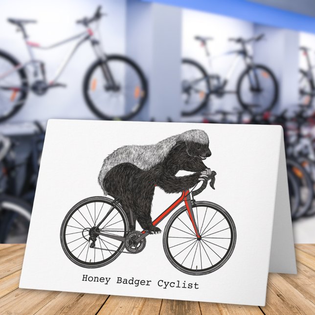 Honey Badger Riding a Bicycle Badass Cyclist Card (Honey badger riding a bicycle badass cyclist fearless wild animal cycling art greetings card)