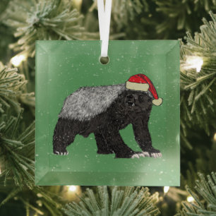 Honey Badger Santa in the snow Glass Tree Decoration