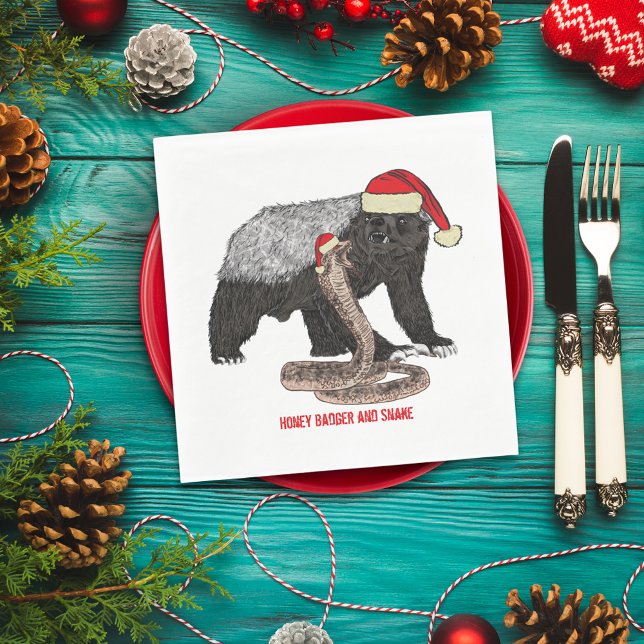 Honey Badger & Snake Funny Badass Christmas   Napkin (Christmas honey badger and snake wearing santa hat paper napkins)