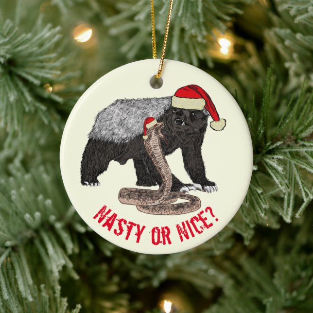 Honey Badger Snake Funny Festive Santa saying Ceramic Ornament (Tree)