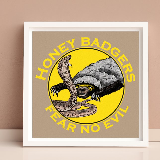 Honey Badgers Fear no Evil Yellow Scary Animal Art Poster (Honey badgers fear no evil quote with honey badger and Sanskrit illustration poster)