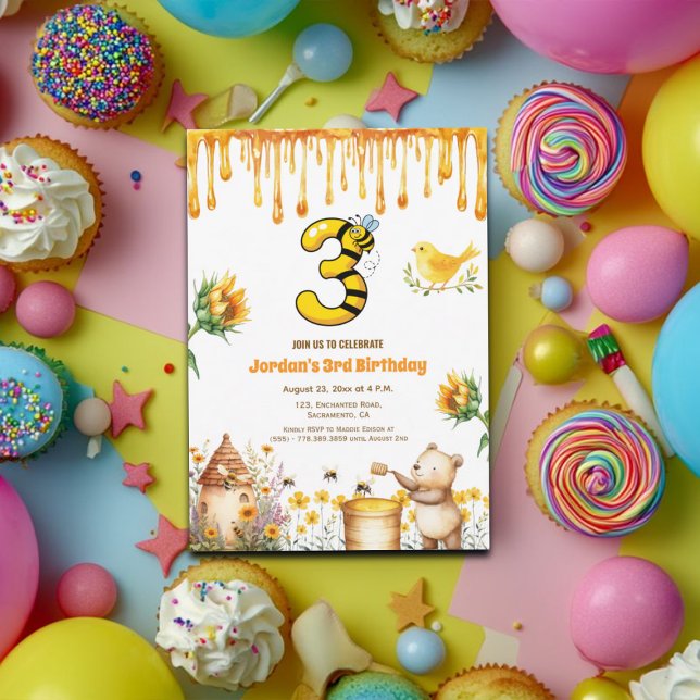 Honey Bear 3rd Birthday Party Invitation (Creator Uploaded)