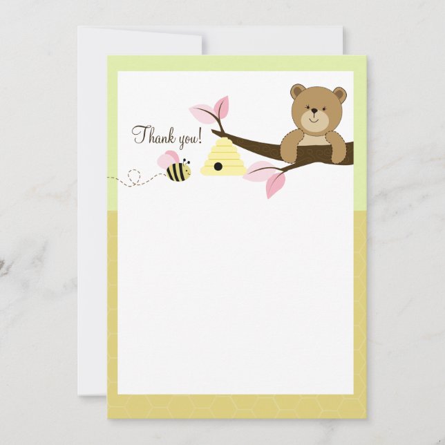 Honey Bear and Bee (Pink) Flat Thank You notes Invitation (Front)