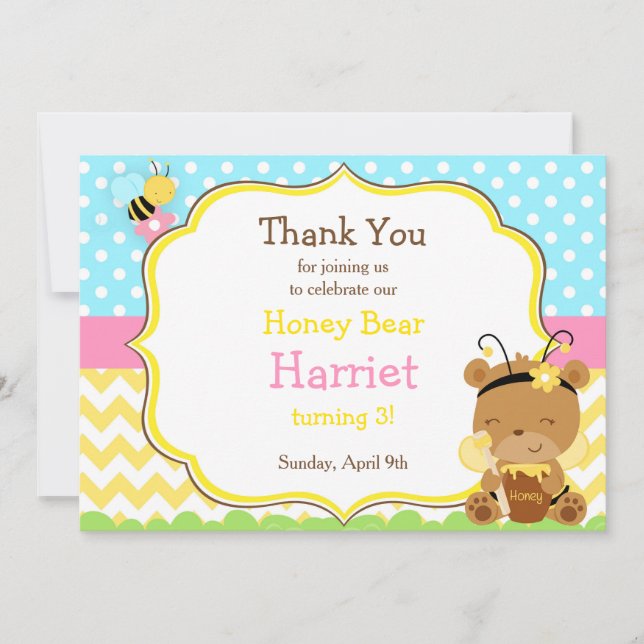Honey Bear and Bumble Bee Birthday Party Thank You Card (Front)