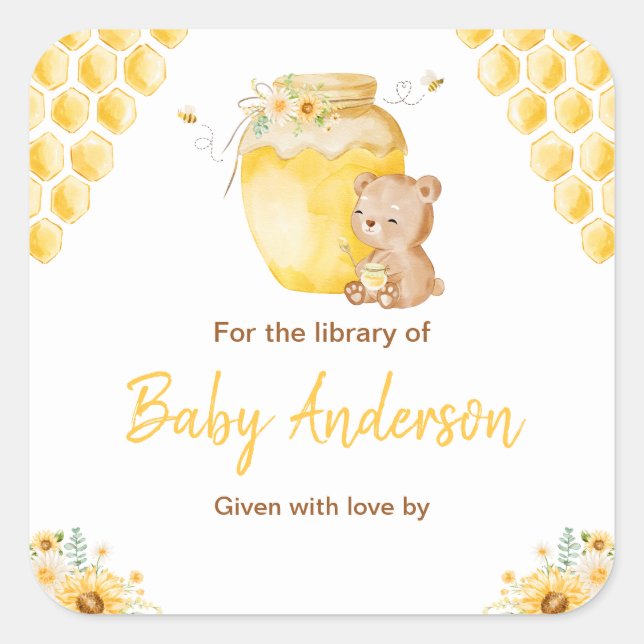 Honey Bear Baby Baby Shower Bookplate Square Sticker (Front)