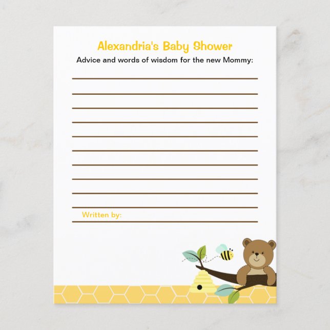 Honey Bear Custom Flyer Baby Shower Advice Cards (Front)