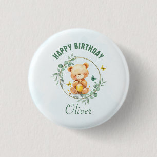 Honey Bear Cute Greenery Boy Happy Birthday 3 Cm Round Badge