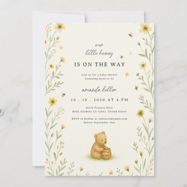 Honey Bear Floral Baby Birthday Invitation (Front)