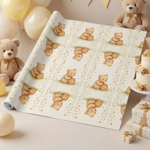 Honey Bear Floral Baby Birthday Wrapping Paper