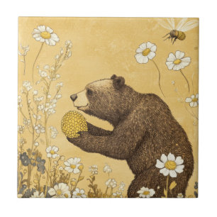 Honey Bear in Wildflower Meadow Ceramic Tile