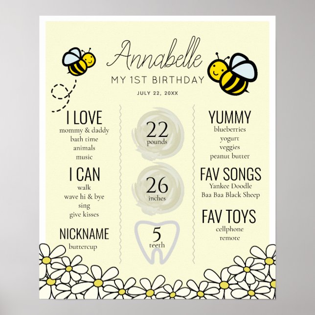 Honey Bee1st Birthday Milestone Poster (Front)