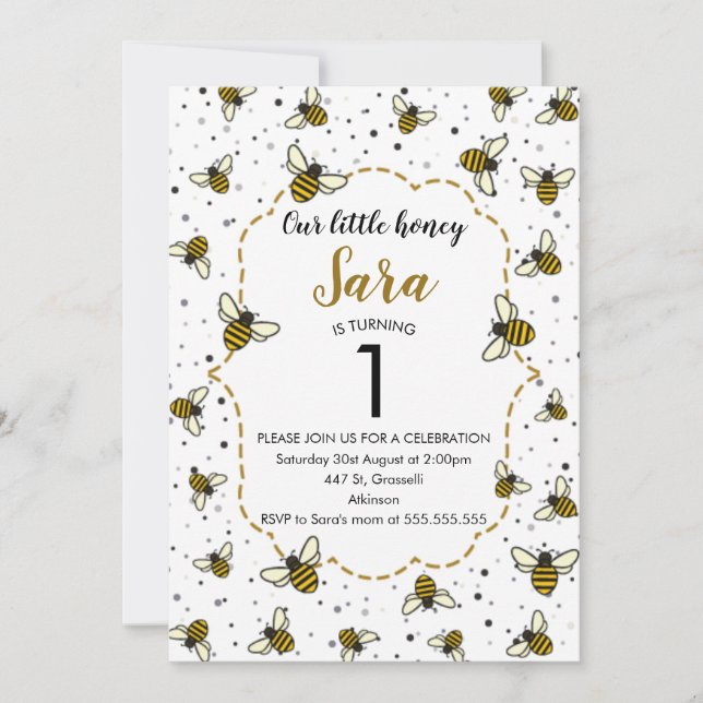 Honey Bee 1st Birthday Party Invitation (Front)