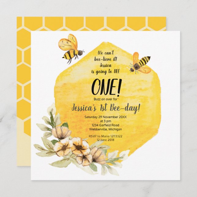 Honey Bee 1st Birthday Party Invitation Girl (Front/Back)