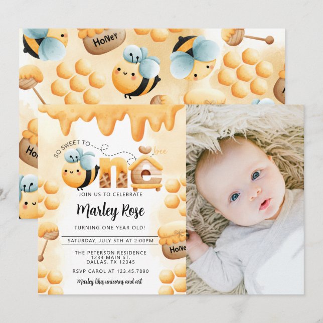 Honey Bee 1st Birthday Party Photo Invitation (Front/Back)