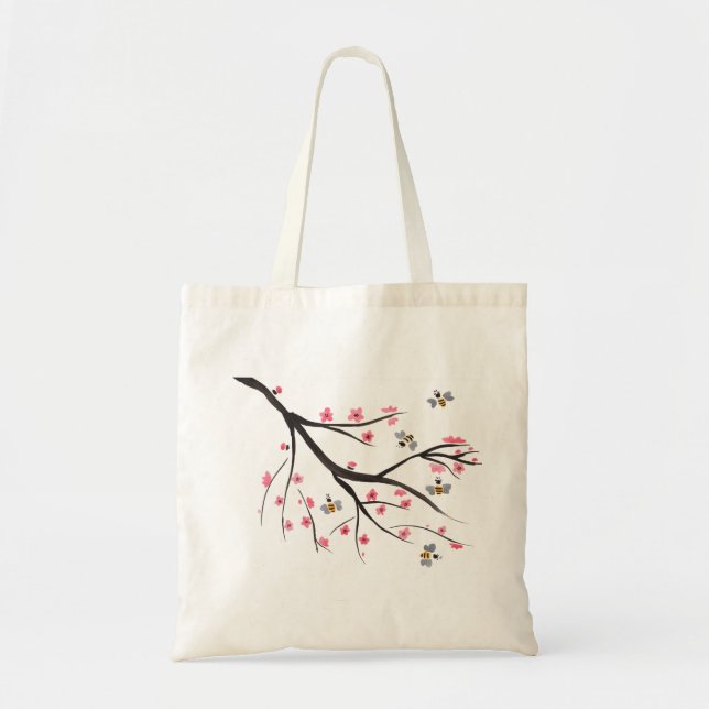 Honey Bee And Cherry Blossoms Tote Bag (Front)