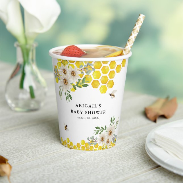 Honey Bee and Daisies Personalised Baby Shower Paper Cups (Insitu)