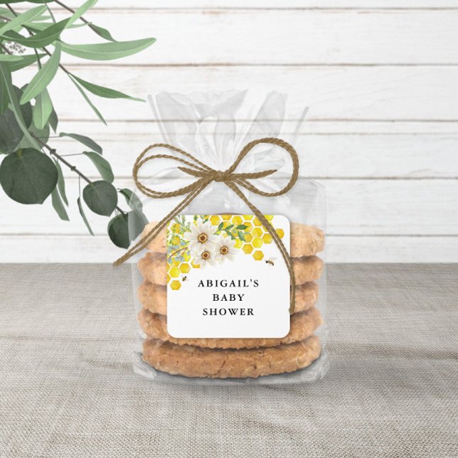 Honey Bee and Daisies Personalised Favour Square Sticker (Creator Uploaded)