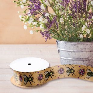 Honey Bee and Flowers Beige Natural Rustic Floral Satin Ribbon