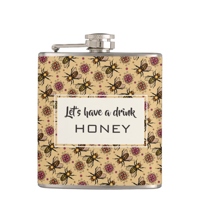 Honey bee and flowers drawing colourful pattern ar hip flask (Front)