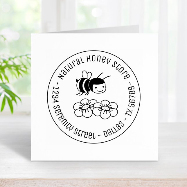 Honey Bee and Flowers Round Business Address 3 Rubber Stamp (Creator Uploaded)