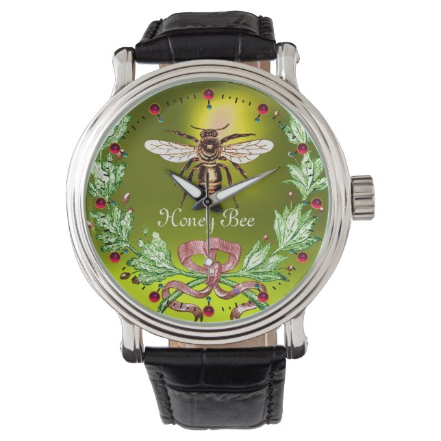 HONEY BEE AND GREEN FLORAL CROWN Beekeeper Yellow Watch (Front)