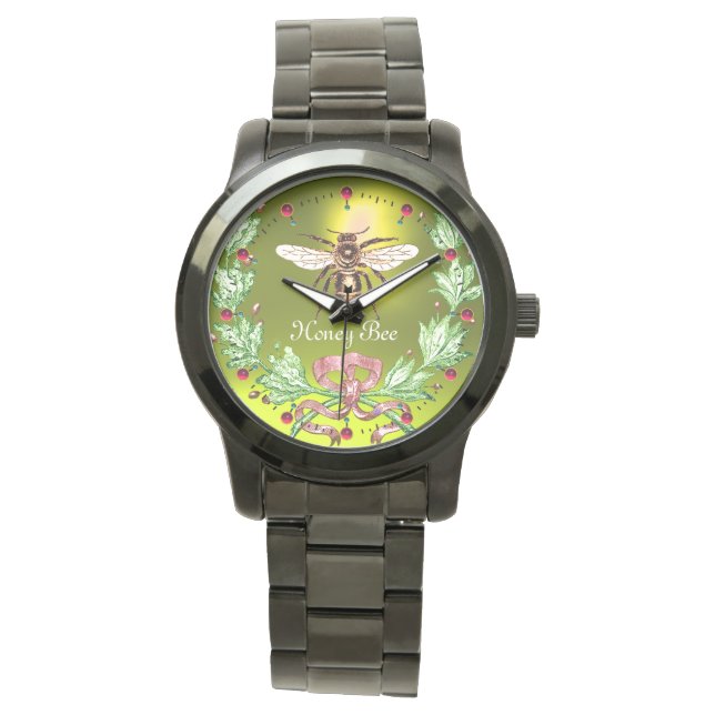 HONEY BEE AND GREEN FLORAL CROWN Beekeeper Yellow Watch (Front)