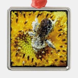Honey Bee and Sunflower Metal Ornament