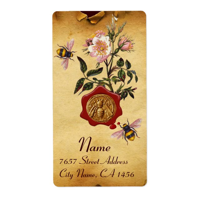 HONEY BEE AND WILD ROSES ,BEEKEEPER RED WAX SEAL (Front)