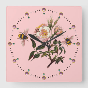 HONEY BEE AND WILD ROSES ,BEEKEEPER SQUARE WALL CLOCK
