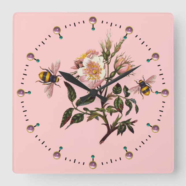 HONEY BEE AND WILD ROSES ,BEEKEEPER SQUARE WALL CLOCK (Front)