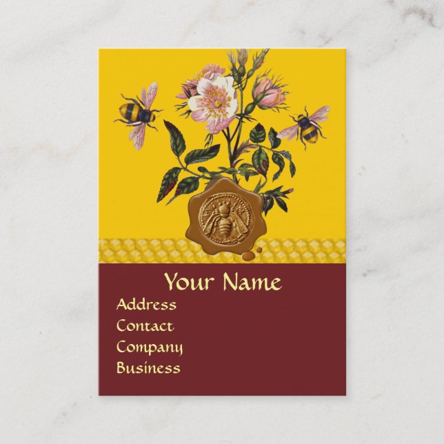 HONEY BEE AND WILD ROSES ,BEEKEEPER WAX SEAL BUSINESS CARD (Front)