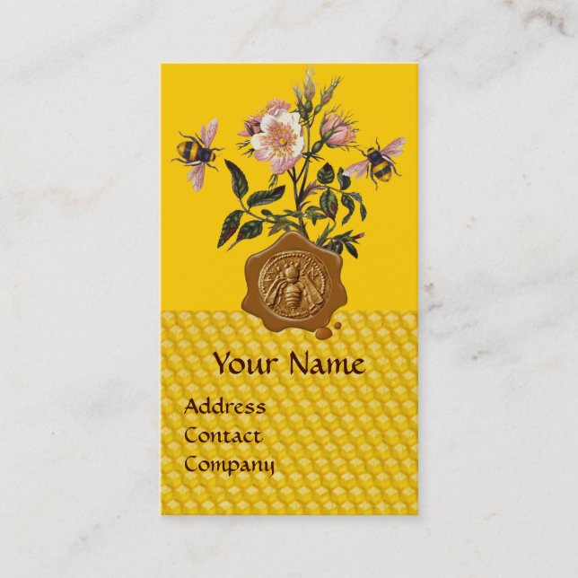 HONEY BEE AND WILD ROSES ,BEEKEEPER WAX SEAL BUSINESS CARD (Front)