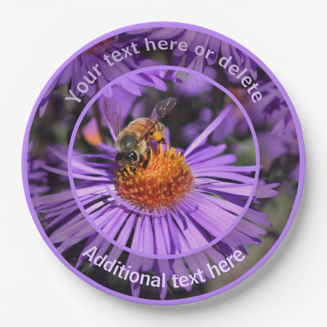 Honey Bee Aster Flower Nature Personalised Party Paper Plate (Front)