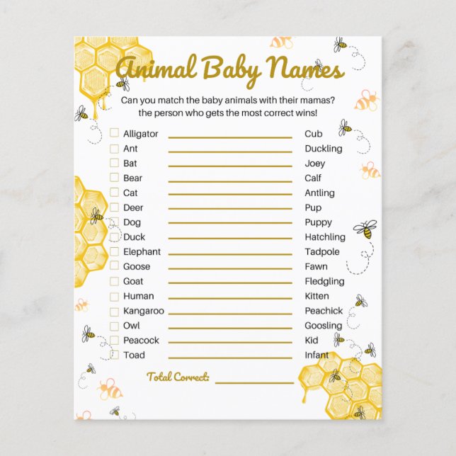 Honey Bee Baby Shower Animal Baby Names Game (Front)