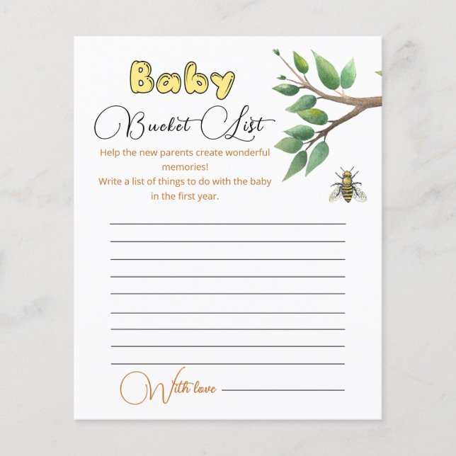 Honey Bee Baby Shower Bucket List (Front)