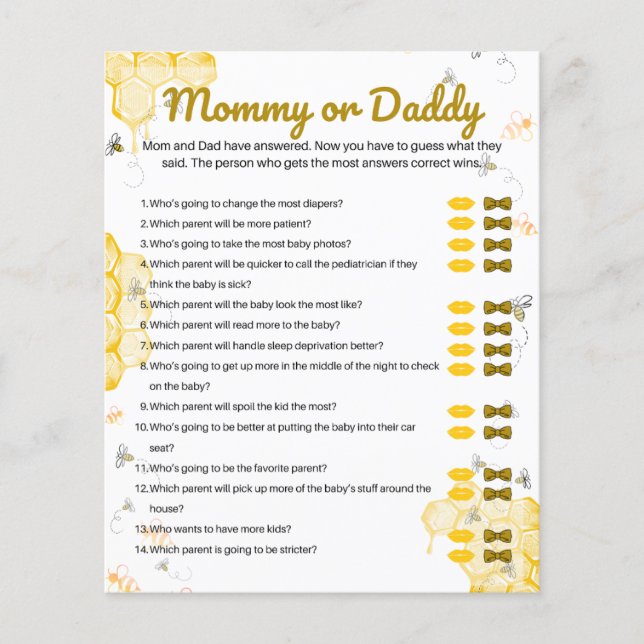 Honey Bee Baby Shower Mummy or Daddy Game (Front)
