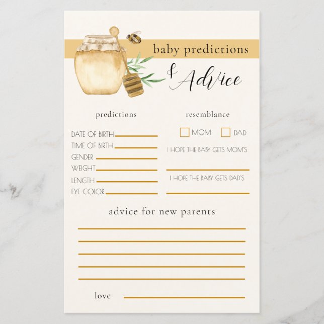 Honey Bee Baby Shower Prediction Game (Front)