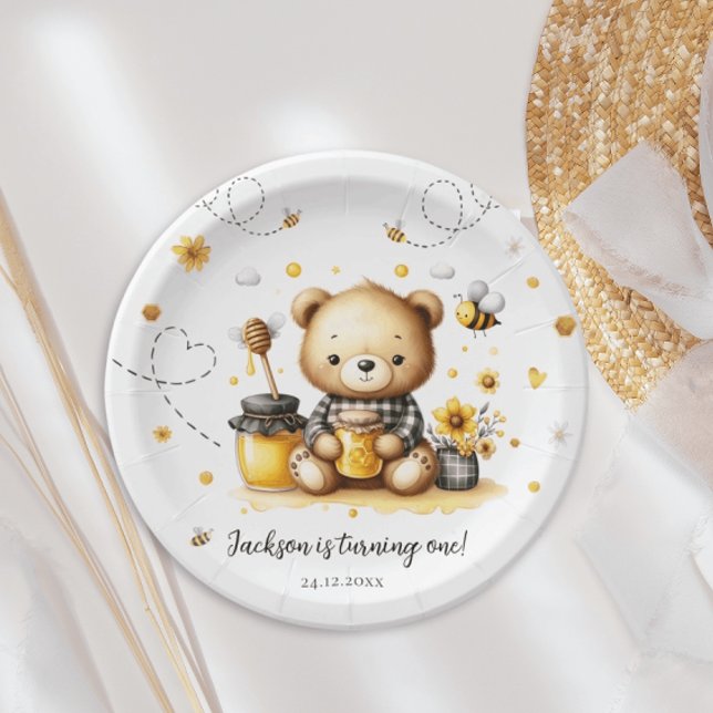Honey Bee Bear Birthday Party Paper Plate (Creator Uploaded)