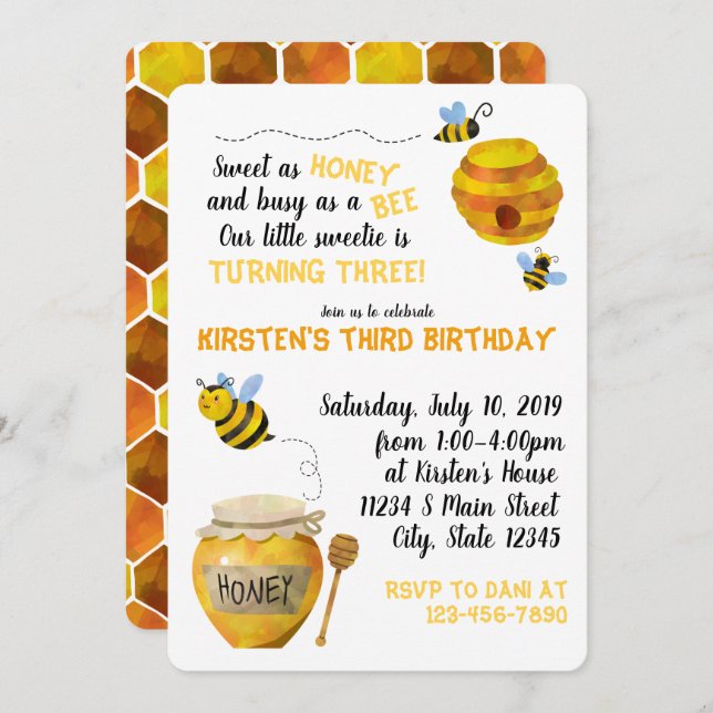 Honey Bee Birthday Invitation (Front/Back)