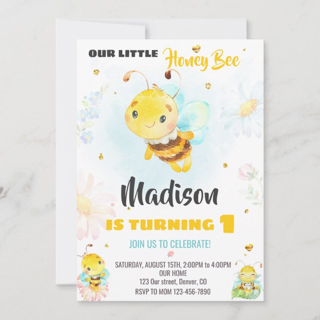Honey bee birthday invitation Bee invitation girl (Front)
