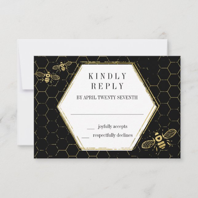 Honey Bee Black Gold Pattern RSVP Card (Front)