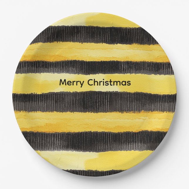 Honey Bee Black Gold Yellow Christmas Paper Plate (Front)