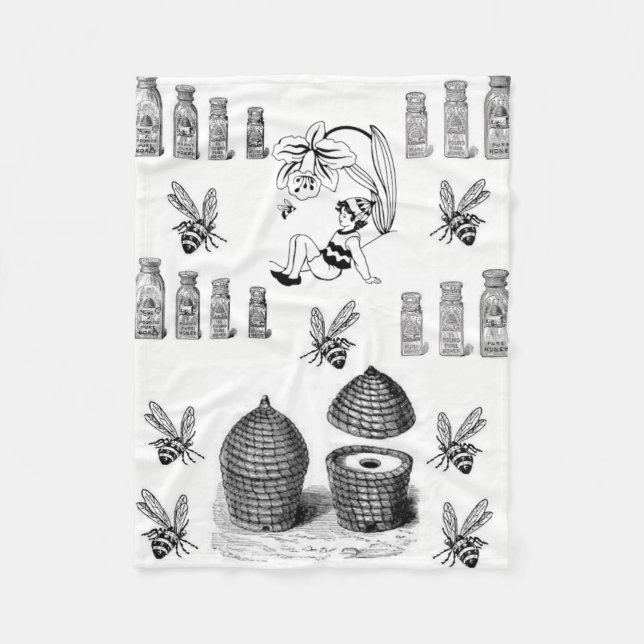 Honey bee black white decorative fleece blanket (Front)