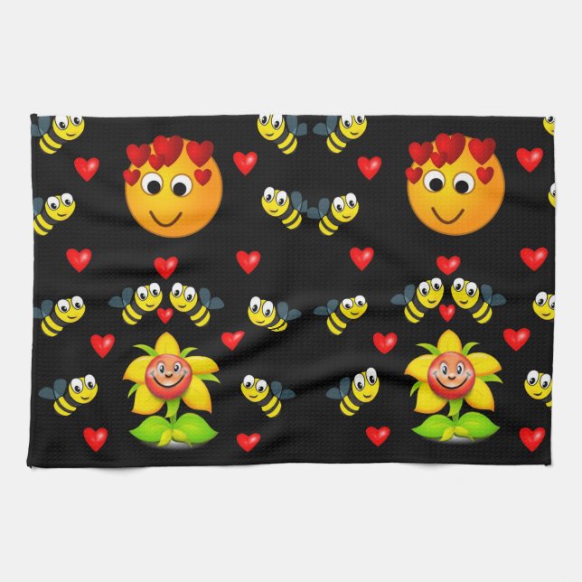 Honey bee black white decorative kitchen towel (Horizontal)